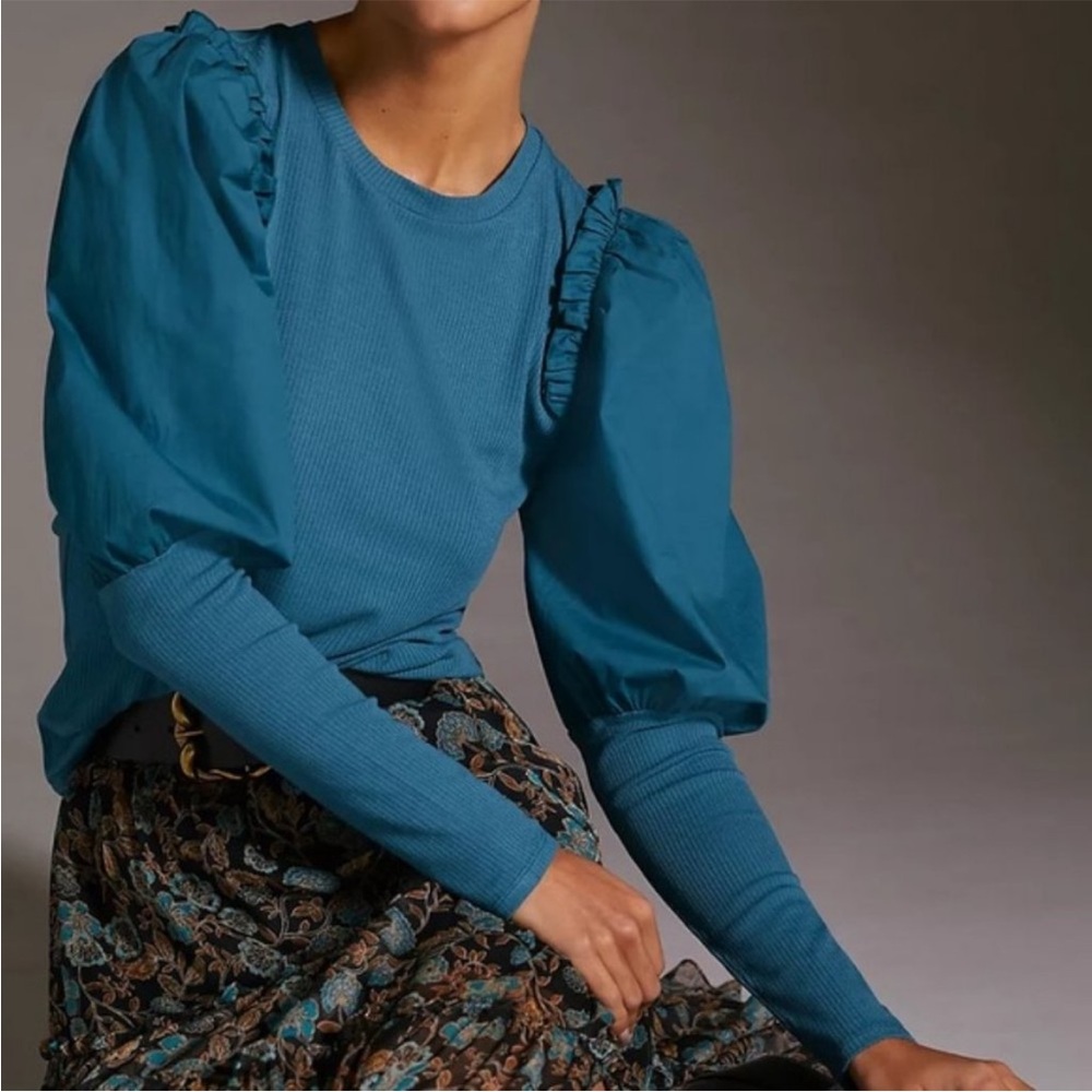 Anthropologie Sunday in Brooklyn Top Women Size 2X Teal Long Puffy Sleeve